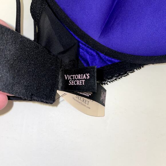 Victoria's Secret Bra 38C Blue Black Lace Bombshell Plunge Padded 2 Cup Holiday - Picture 8 of 9